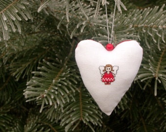 Christmas fabric heart ornament with embroidered angel in red and white