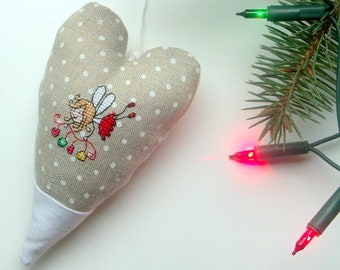 embroidered cross stitch Christmas  hanging  heart ornament heart with a cross stitch fairy