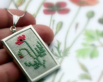 poppy flower pendant, flower of the month august, poppy flower neclace, hand embroidered pendant with botanical poppy flower gift for her