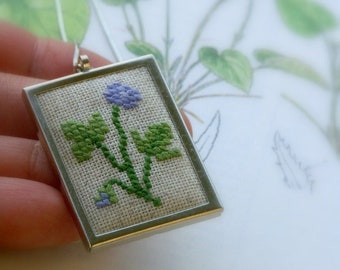 hand embroidered cross stitch floral  pendant neclace gift for her