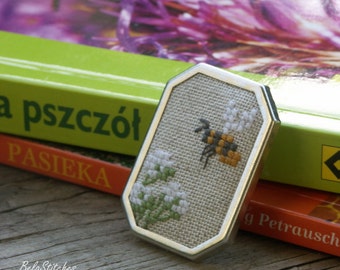 cross stitch  embroidered brooch with a bee - gift for beekeeper