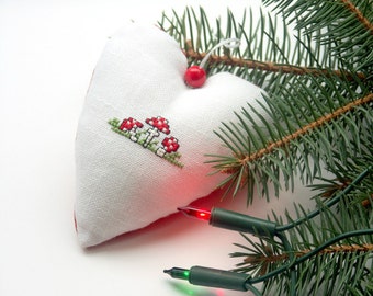 Christmas heart ornament with embroidered toadstools