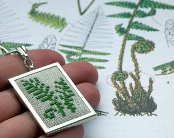 hand embroidered pendant  cross stitch  neclace