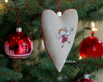 Christmas heart fabric ornament with embroidered cross stitch fairy