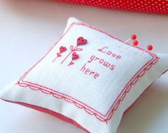 embroidered pincushion in red and white,  gift with  red heart