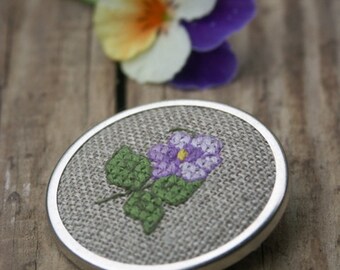 embroidered cross stitch floral brooch pin  - pansy on linen gift for her