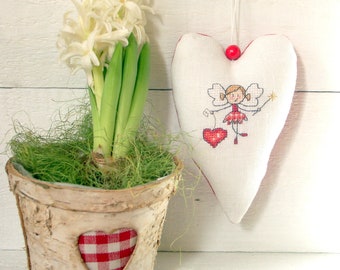 Christmas winter heart shaped fabric ornament with hand embroidered cross stitch fairy Valentines home decor