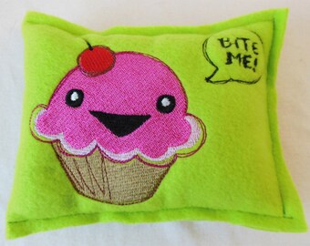 Bite Me Green with Cupcake Cat A Tonic Organic Catnip Pillow