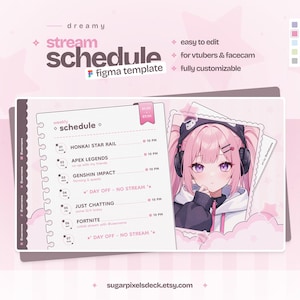 Könnte beinhalten: Eine digitale Stream-Zeitplan-Figma-Vorlage in einer sanften rosa Farbpalette. Das Layout enthält einen Wochenplaner mit Spieletiteln wie Honkai Star Rail und Apex Legends sowie eine Illustration einer Anime-Figur mit rosa Haaren.