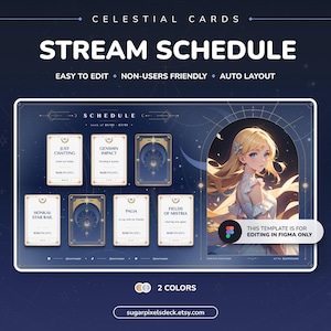 Horario de transmisión de cartas del Tarot Azul Celestial / Plantilla mágica de Figma para Vtubers y streamers / Diseño lunar de estética mística en oro y plata