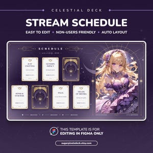 Calendario de transmisiones de Tarot Celestial / Plantilla Figma Violeta y Dorada (Descarga digital)