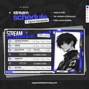 Harmonogram transmisji Blue Stream dla streamerów Twitcha i VTuberów – styl miejski Dark Cyberpunk – szablon Figma