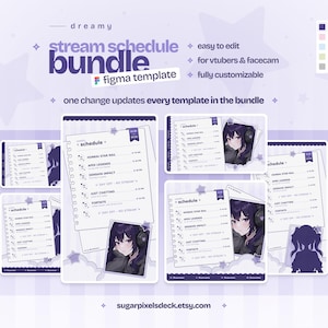 Paquete de plantillas de programación de transmisiones en Figma: un lindo paquete de cuaderno morado para streamers y Vtubers.
