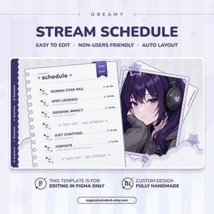 Plantilla de horario de transmisión en formato de cuaderno morado con nubes y estrellas para Vtubers y streamers de Twitch / Plantilla editable de Figma (Descarga digital)