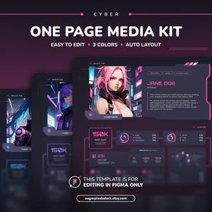 Peut inclure: Maquette de kit média numérique avec une esthétique cyberpunk. Le design présente un fond sombre avec des accents rose néon et trois maquettes d'une mise en page d'une page. Le texte comprend "ONE PAGE MEDIA KIT", "EASY TO EDIT" et "3 COULEURS".