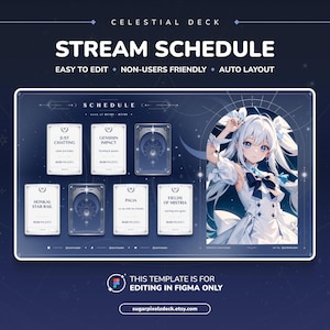 Programme de diffusion du tarot bleu foncé céleste en or et en argent pour les streamers Twitch et les Vtubers | Modèle Figma modifiable (téléchargement numérique)