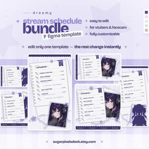 Può includere: Un modello Figma per un pacchetto di programmi di streaming in tonalità viola chiaro e bianco. Il design presenta motivi a stella, un layout in stile taccuino per elencare giochi e orari, e segnaposto per illustrazioni, con il testo dreamy stream schedule bundle.