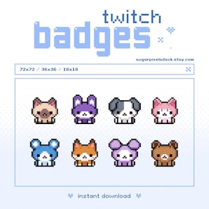 Pixel Art Twitch Badges | Kawaii Animal Sub Badges | Bunny Cat Dog Fox Bear | 8-Bit Streamer Assets | Cute Ready-to-Use Icons