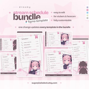 Paquete de horarios de transmisión en rosa para streamers y vtubers - Estilo cuaderno adorable - Plantilla Figma