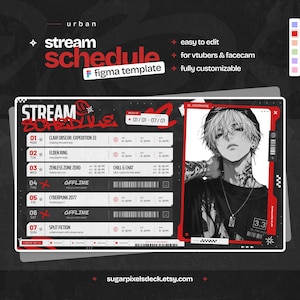 Puede incluir: Una plantilla digital de horario de stream para Figma con un esquema de colores negro y rojo. El diseño incluye un calendario semanal con campos de texto para títulos de juegos, un espacio para cámara y una ilustración de anime.