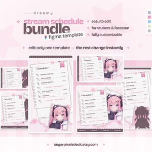 Könnte beinhalten: Eine digitale Stream-Zeitplan-Vorlage für Figma in einem hellrosa Farbschema mit Sternmotiven. Das Design umfasst mehrere Layout-Varianten für Vtubers, die eine wöchentliche Zeitplanliste, eine Illustration einer Anime-Figur mit rosa Haaren sowie Texte wie dreamy stream schedule bundle, easy to edit und fully customizable enthalten.
