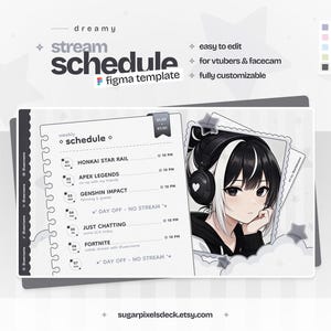 Könnte beinhalten: Eine digitale wöchentliche Streaming-Zeitplan-Vorlage für Figma im Notizbuch-Stil mit Texten zu Spielen wie Honkai Star Rail und Apex Legends sowie einer Anime-Charakter-Illustration mit Kopfhörern und einem schwarzen Kapuzenpullover.