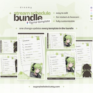 Paquete de plantillas de programación de transmisiones en Figma: un lindo paquete de cuadernos verdes para streamers y vtubers.