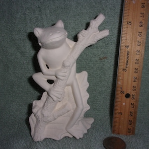 Cuke little Frog on a branch in Ceramic Bisque ready to be Painted Frogs, toads toad