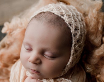 Lace Mohair Newborn Bonnet Hand Knit Going Home Girl Hat Baby Shower Gift Coming Outfit Photography Knitted Infant Delicate Baptism Cap