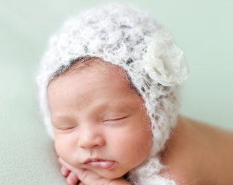 Lace Bonnet Knitted Mohair 3 Mos Old Spring Hat Newborn Girl Hand Knit Cap Organic Baby Shower Gift Going Home Infant Photography Coming