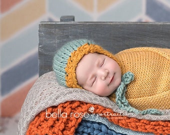 Hand Spun Knit Bonnet READY Ship Newborn Knitted Hat Gold Baby Girl Shower Gift Boy Coming Home Outfit Teal Going Cap Infant Photography