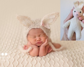 Bunny Bonnet Doll Set Newborn Photo Prop Baby Lovie Boy Going Home Outfit Spring Knit Cap Coming Home Hat Neutral Costume Girl Mohair Ears