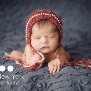 Pearls Bonnet Ready Ship Newborn Girl Photo Prop Hand Knit Hat Baby Shower Gift Coming Home Cap Knitted Infant Photography Outfit Christmas image 8