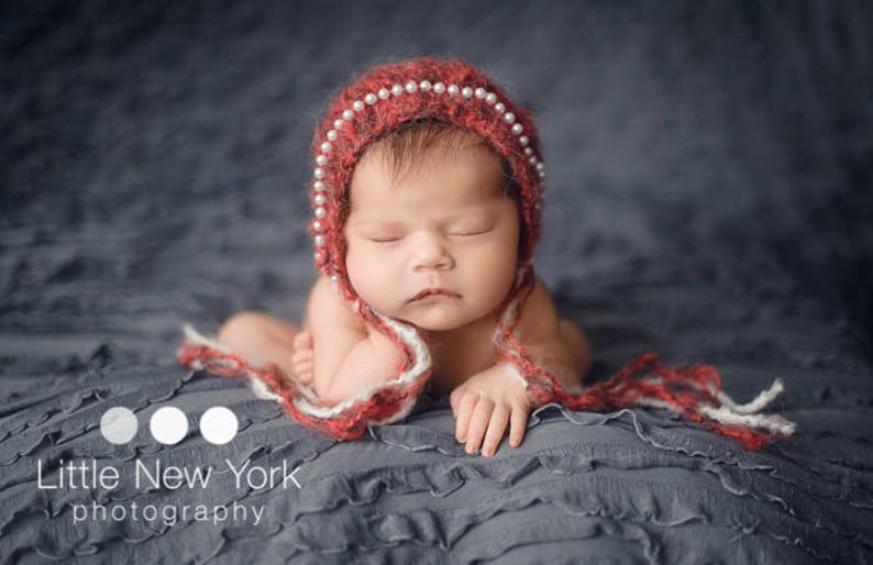 Pearls Bonnet Ready Ship Newborn Girl Photo Prop Hand Knit Hat Baby Shower Gift Coming Home Cap Knitted Infant Photography Outfit Christmas image 8