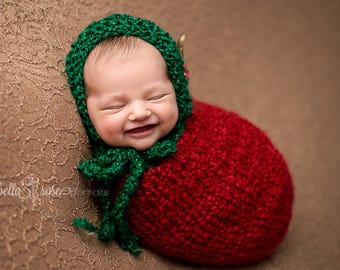 Baby CHRISTMAS Photo Prop Winter Knitted Newborn Hat Cocoon Set Newborn Cacoon Santa Bonnet Elf Swaddler Cinch Sack Girl Outfit Hand Knit