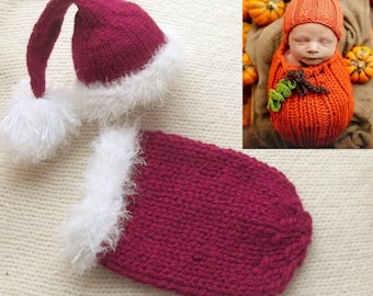 Santa Hat Sack Set Newborn Hand Knit Beanie Photography Infant Going Home Christmas Baby Swaddler Coming Cocoon Knitted Stocking Cap Outfit