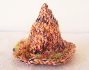 Hand Knit Newborn Witch Hat: Orange Melange Wool Blend Prop