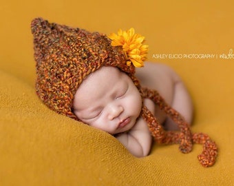 Bonnet Newborn Burnt Orange Girl Hat READY SHIP Shower Gift Photo Prop Baby Boy Pixie Hand Knitted Rust Going Home Infant Coming Fall Outfit