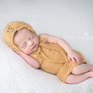 Mohair Dress Newborn Photo Prop Knit Lace Baby Girl Dress Bonnet Set Romper Gold Going Home Outfit Skirt Coming Home Girl Hat Knitted Gown