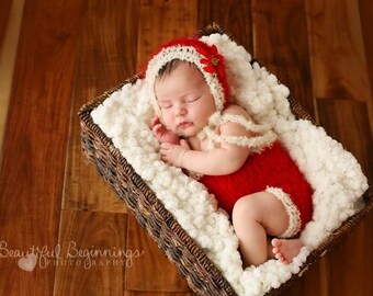 Newborn Santa Romper Bonnet Set: Knit Photo Prop, Mohair Holiday Outfit
