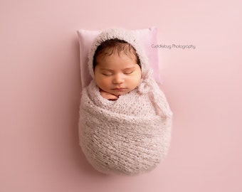 Fine Mohair Wrap Bonnet Set Newborn Blanket Baby Swaddle Hand Knit Shower Gift Girl Going Home Infant Boy Coming Photography Knitted Layer