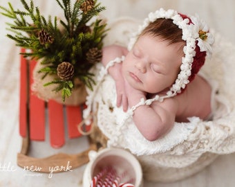 Newborn Christmas Photo Prop Knit Pixie Bonnet Baby Hat Handknit Girl Shower Gift Hand Knitted Holiday Boy Cap Going Home Poinsettia Coming