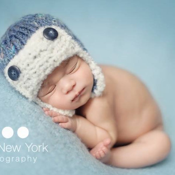 Newborn Boy Pilot Cap Hand Knit Baby Aviator Hat Infant Knitted Beanie Lumberjack Photography Prop Photo Hunter Going Home Coming Outfit Fud