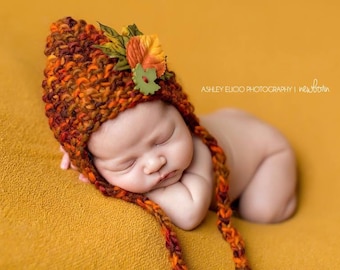 Pixie Hand Knit Newborn Rust Orange Hat Baby Girl Bonnet Going Home Cap Knitted Fall Leaves Coming Organic Boy Outfit Handspun Wool Mohair