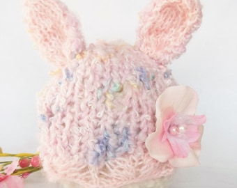 Bunny Beanie Newborn Hat Hand Knit Girl Cap Knitted Baby Boy Shower Gift Photography Infant Prop Going Home Outfit Organic Coming Easter