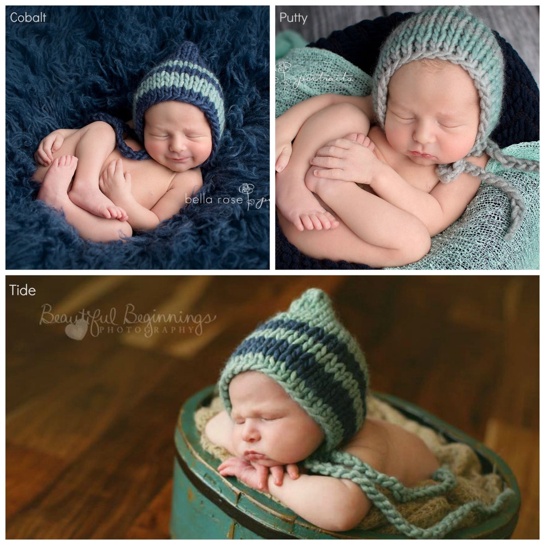 Twin Set Baby Boy Blue Hat Newborn Knitted Teal Infant Photo Etsy