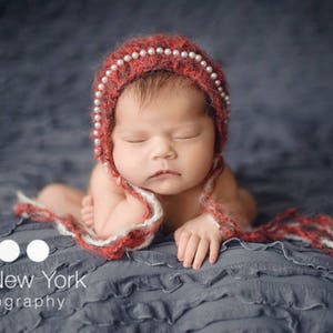 Pearls Bonnet Ready Ship Newborn Girl Photo Prop Hand Knit Hat Baby Shower Gift Coming Home Cap Knitted Infant Photography Outfit Christmas image 4