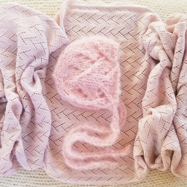 Wrap Bonnet Set Newborn Matching Knit Prop Hand Knitted Blush Lacy Swaddler Baby Hat Girl Shower Gift Handmade Infant Photography Mohair