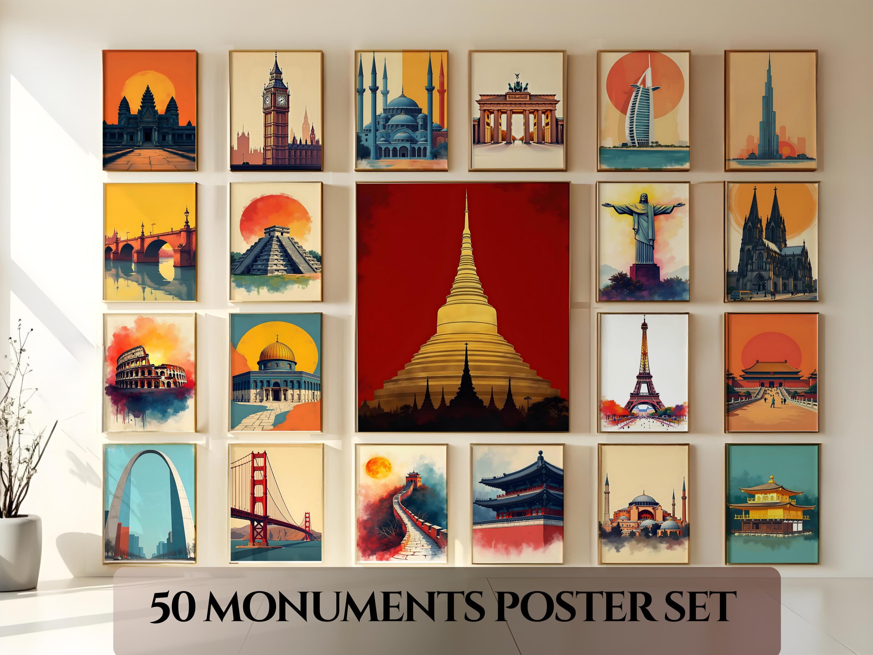 50 Monuments AI Poster Set – Artist’s Choice Collection | Digital Wall Art | Printable Architecture Decor | World Landmark Print Set