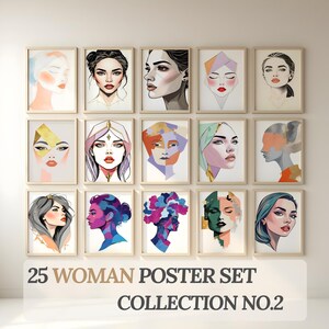 Modern Abstract Women Portrait Set – 25 Digital Wall Art Prints, Feminine Face Line Art, Colorful Minimalist Aesthetic Art
